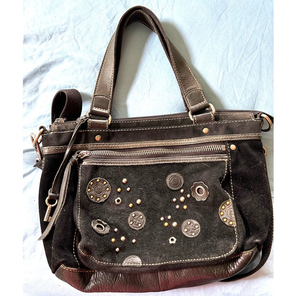 Fossil Black Suede Leather Boho Handbag Purse Studded Embossed - Picture 2 of 15